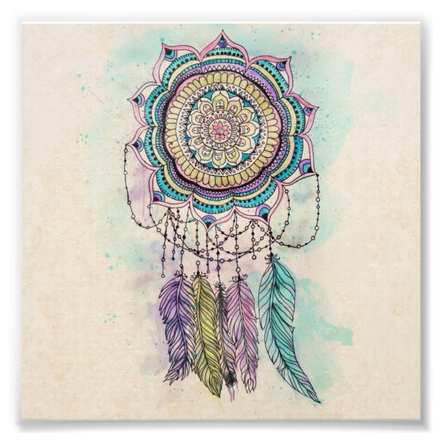 Boho Watercolor Mandala Dreamcatcher Fototryck (Framsidan)