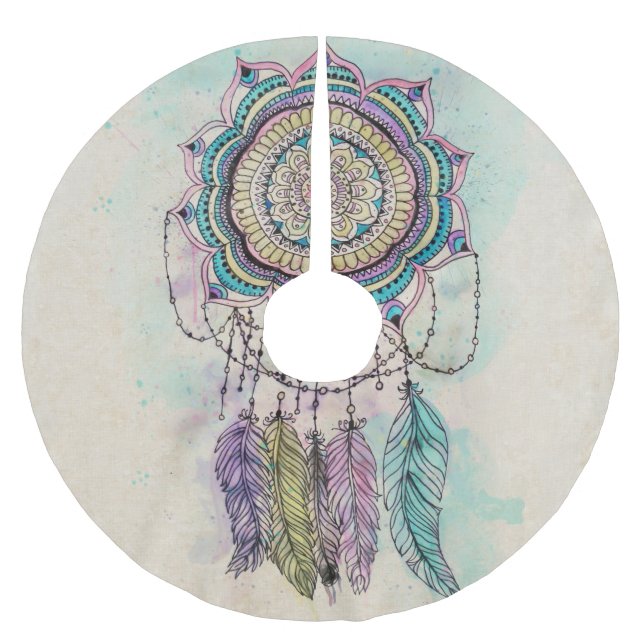 Boho Watercolor Mandala Dreamcatcher Julgransmatta Borstad Polyester (Framsidan)