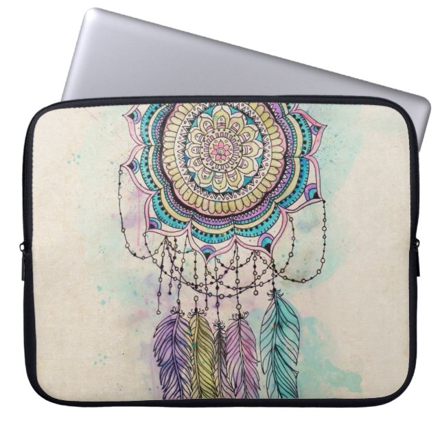 Boho Watercolor Mandala Dreamcatcher Laptop Sleeve (Framsidan)