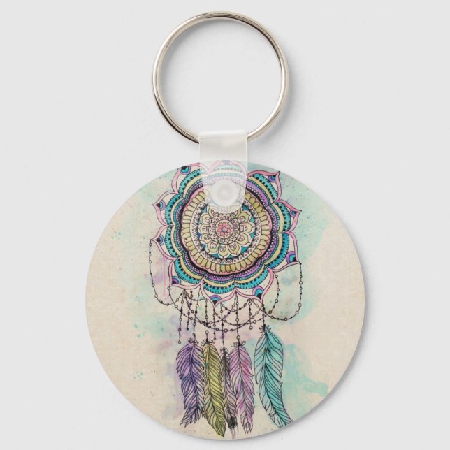 Boho Watercolor Mandala Dreamcatcher Nyckelring (Framsida)