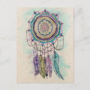 Boho Watercolor Mandala Dreamcatcher Vykort
