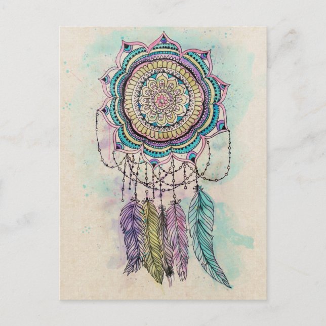 Boho Watercolor Mandala Dreamcatcher Vykort (Framsida)