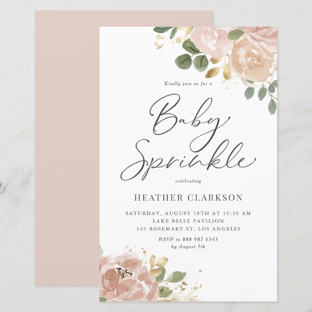 Boho Watercolor Mauve Peach Flowers Baby Sprinkle (Fram/baksida)