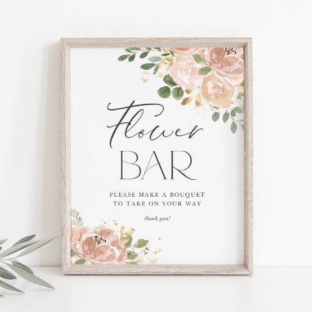 Boho Watercolor Mauve Peach Flowers Flower Pub Poster (Elegant Flower Bar Sign with Watercolor Mauve Peach Flowers and Faux Gold Foil Accents)