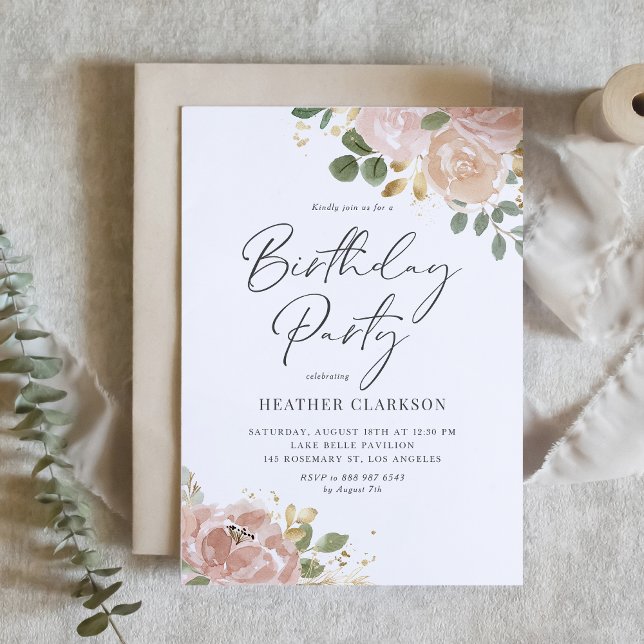 Boho Watercolor Mauve Peach Flowers Födelsedagsfes Inbjudningar (Boho Watercolor Mauve Peach Flowers Birthday Party Invitation)