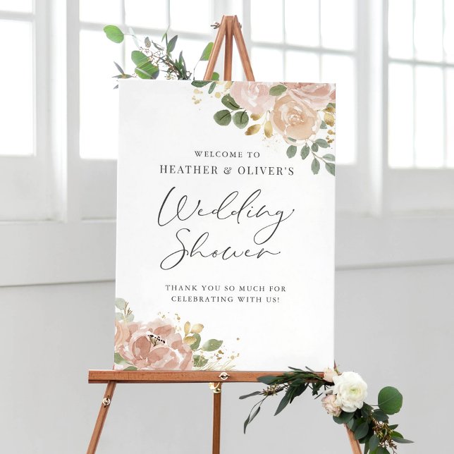 Boho Watercolor Mauve Peach Flowers Möhippa Poster (Boho Watercolor Mauve Peach Flowers Wedding Shower Welcome Sign)