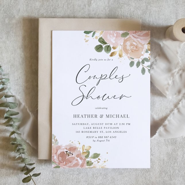 Boho Watercolor Mauve Peach Flowers Par Shower Inbjudningar (Boho Watercolor Mauve Peach Flowers Couples Shower Invitation)
