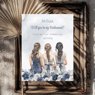 Boho Watercolor navy blue white blommigt Bridesmai Inbjudningar