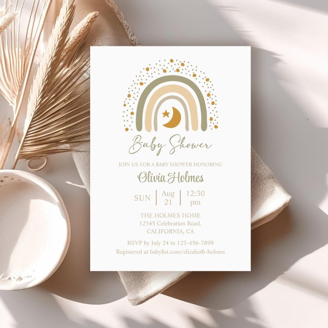 Boho Watercolor Neutralt Rainbow Baby Shower Inbjudningar (Boho Watercolor Neutral Rainbow Baby Shower Invitation on a neutral boho table.)