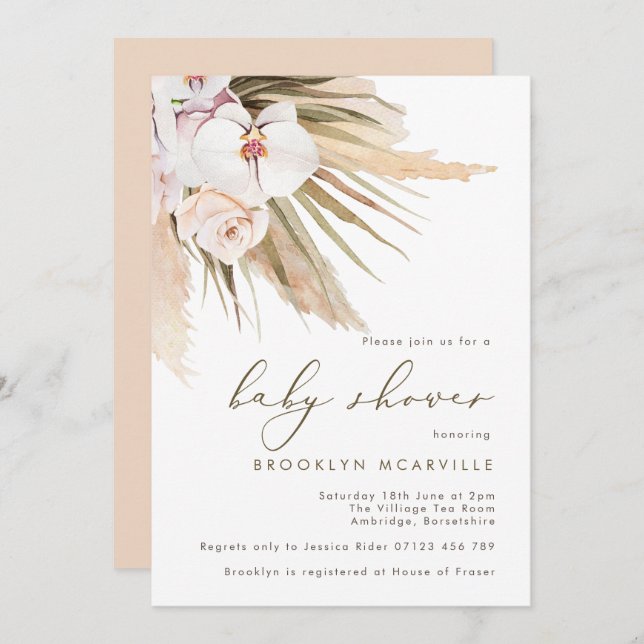 Boho Watercolor Pampas Grass Baby Shower Inbjudningar (Fram/baksida)