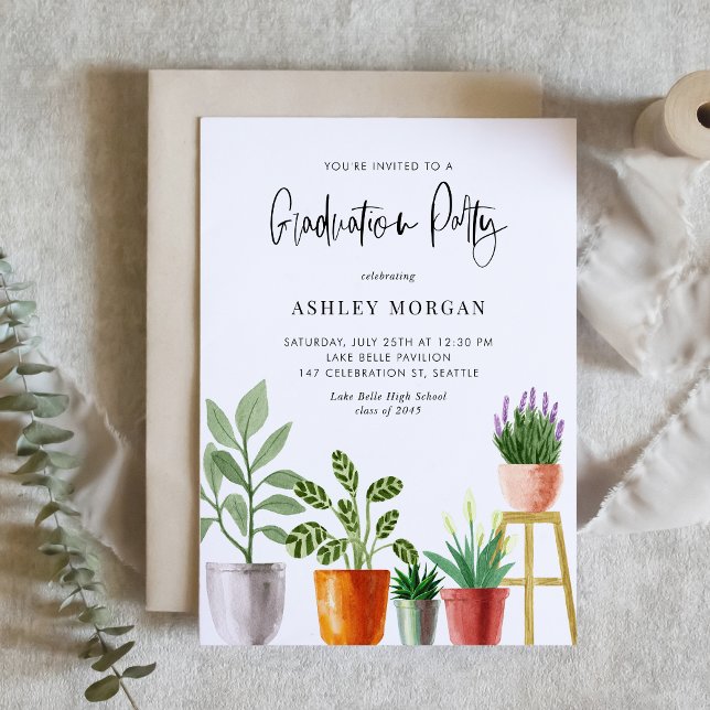 Boho Watercolor Poseplant Studenten Inbjudningar (Customizable boho graduation party invitation featuring watercolor potted houseplants. )