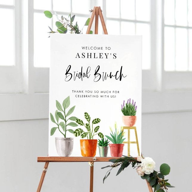 Boho Watercolor Poted Houseplant Möhippa Brunch Poster (Boho Watercolor Potted Houseplants Bridal Brunch Poster)