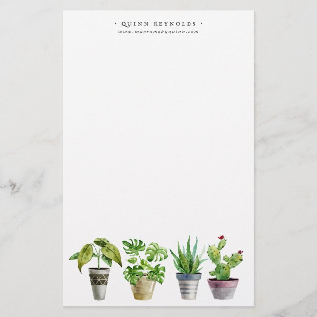 Boho Watercolor Poted Plant | Monogram Stationery Brevpapper (Framsida)