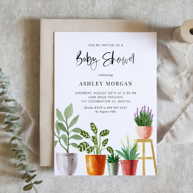 Boho Watercolor Poted Plants Baby Shower Inbjudningar (Customizable boho baby shower invitation featuring watercolor potted houseplants. )