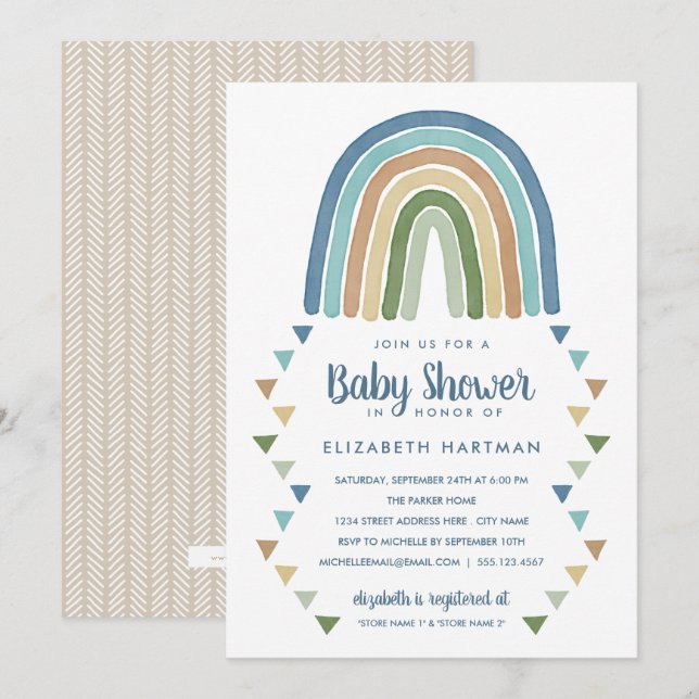 Boho Watercolor Rainbow Baby Shower Blue Inbjudningar (Fram/baksida)