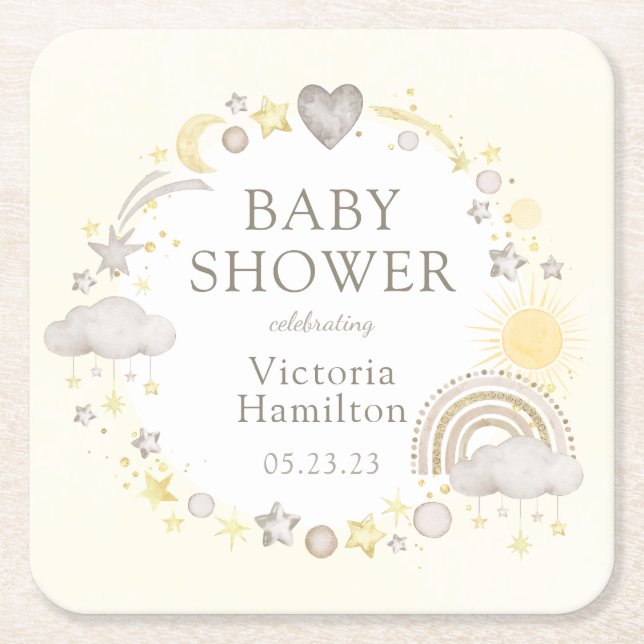Boho Watercolor Rainbow Baby Shower Underlägg Papper Kvadrat (Framsidan)