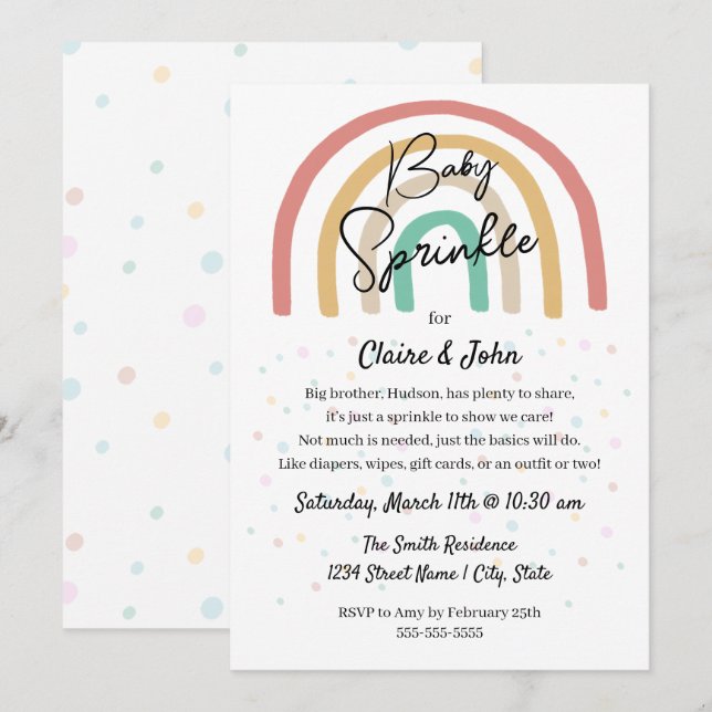 Boho Watercolor Rainbow Baby Sprinkle Inbjudningar (Fram/baksida)