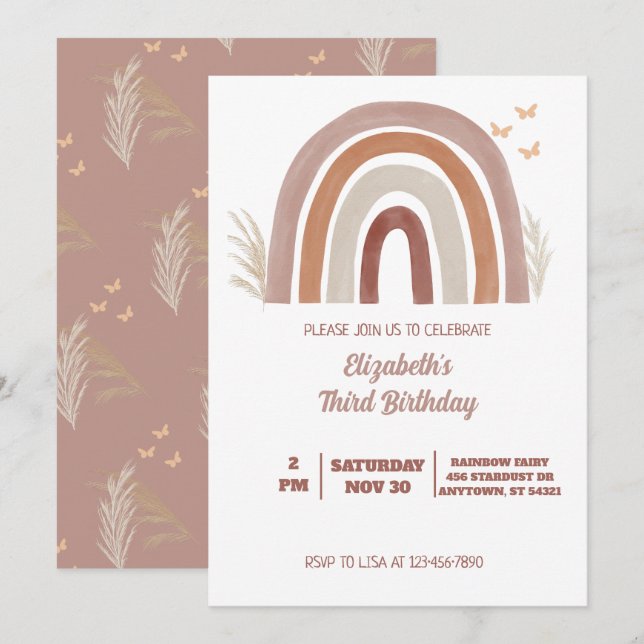 Boho Watercolor Rainbow Birthday | Pampas Grass Inbjudningar (Fram/baksida)