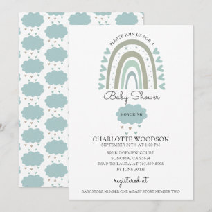 Boho Watercolor Rainbow Blue Pojke Shower Inbjudningar