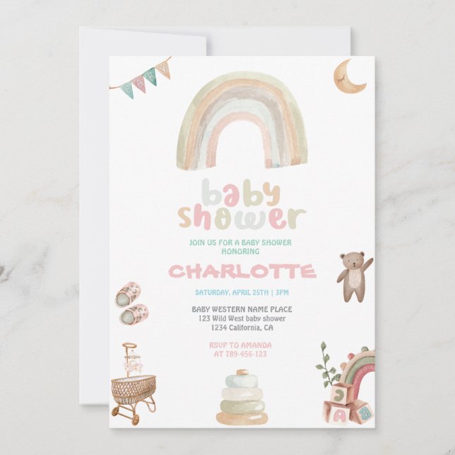 Boho Watercolor Rainbow Girl Baby Shower Inbjudningar (Framsida)