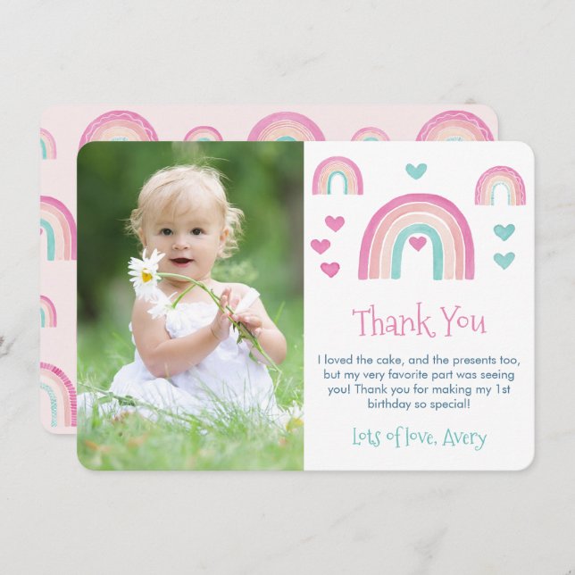 Boho Watercolor Rainbow Girl Birthday Bild Tack Kort (Fram/baksida)