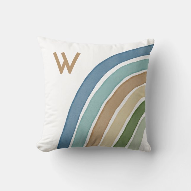 Boho Watercolor Rainbow Monogram Modern Blue Thrid Kudde (Framsida)
