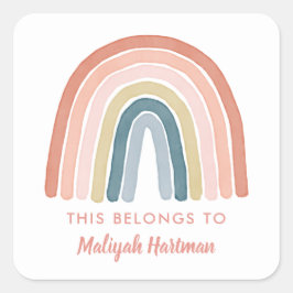 Boho Watercolor Rainbow Namn School Label Coral Fyrkantigt Klistermärke