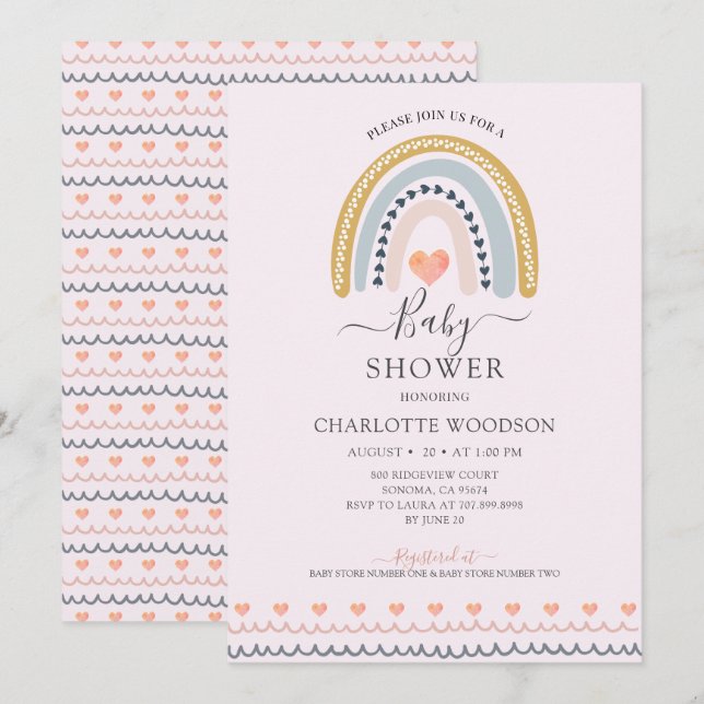 Boho Watercolor Rainbow Rosa Baby Shower Inbjudningar (Fram/baksida)