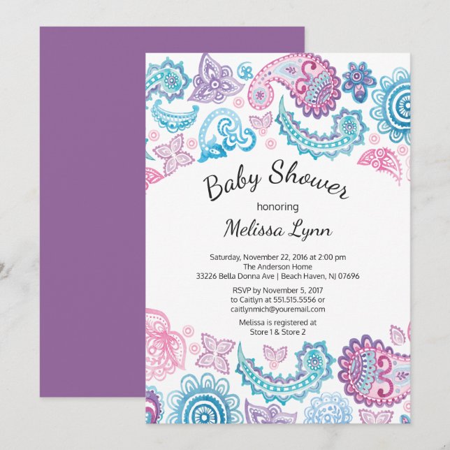 Boho Watercolor Rosa Blue Paisley Baby Shower Inbjudningar (Fram/baksida)