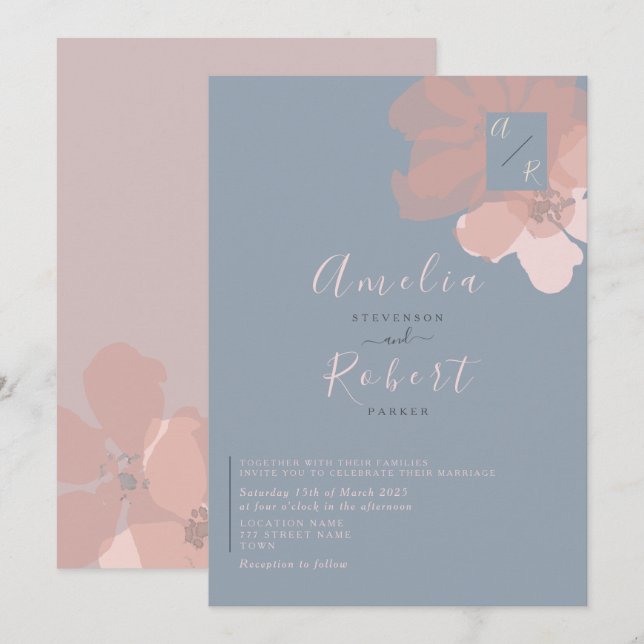 Boho Watercolor Rosa Dammblå Bröllop Inbjudningar (Fram/baksida)