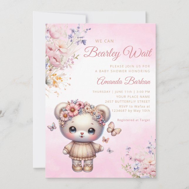 Boho Watercolor rosa Nalle Girl Baby Shower Inbjudningar (Framsida)