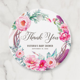 Boho Watercolor Rosa Peonies Krans Tack Gåvor Etiketter