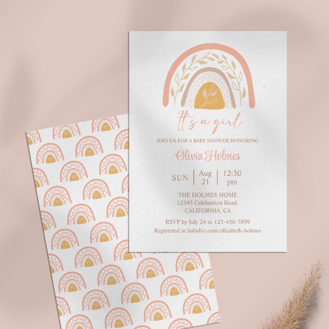 Boho Watercolor Rosa Rainbow Baby Shower Inbjudningar (Boho Watercolor Pink Rainbow Baby Shower Invitation on a pale pink table.)