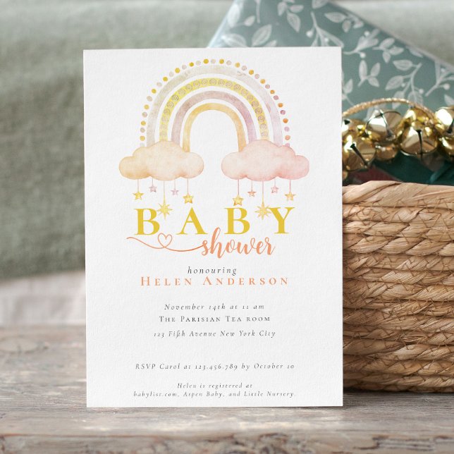 Boho Watercolor Rosa Regnbåge Flicka Bebis Shower Inbjudningar (Baby Girl Boho Watercolor Pink Rainbow Shower Invitation)