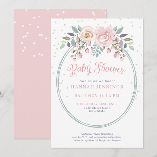 Boho Watercolor Rosa Sage Grönt Blommigt Baby Show Inbjudningar (Fram/baksida)