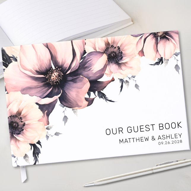 Boho Watercolor Rosenskära Blommig Bröllop Gästböcker (Modern Boho Watercolor Blush Pink Floral Wedding Guest Book)