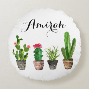 Boho Watercolor Succulents Anpassningsbar Round Pi Rund Kudde