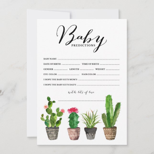Boho Watercolor Succulents Baby Predications Card (Framsida)