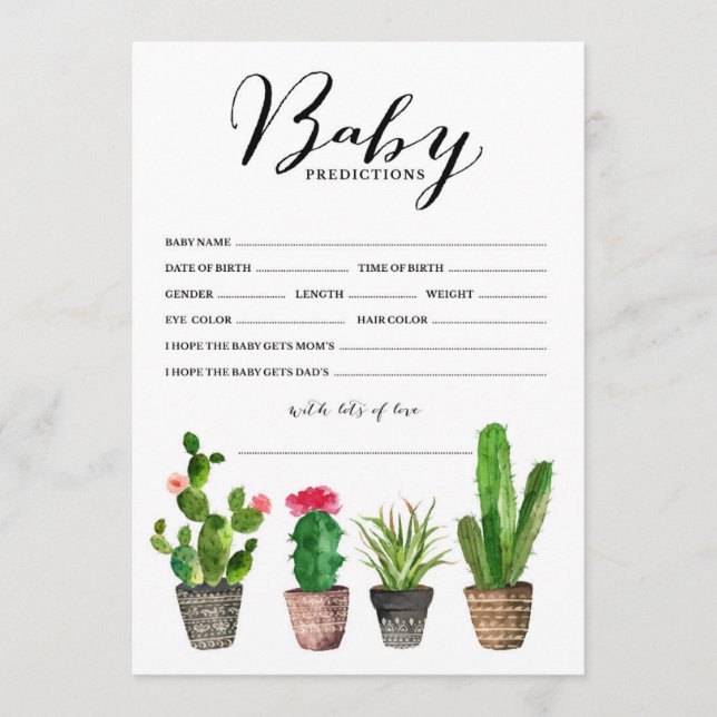 Boho Watercolor Succulents Baby Predications Card (Framsida)