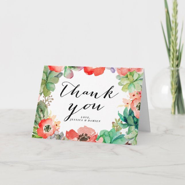 Boho Watercolor Succulents Blommig Ram Tack Kort (Framsida)