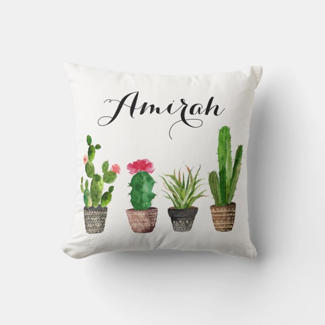 Boho Watercolor Succulents Personlig Pillow Kudde (Framsida)