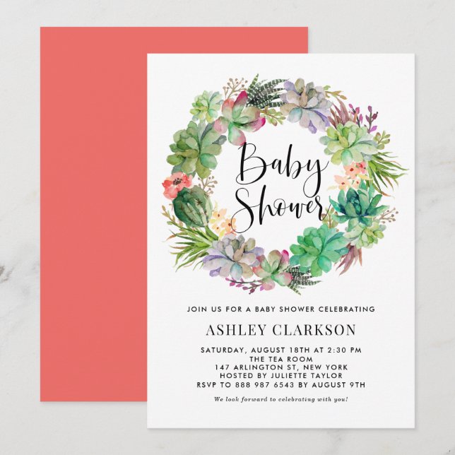 Boho Watercolor Succules WAN Baby Shower Inbjudningar (Fram/baksida)