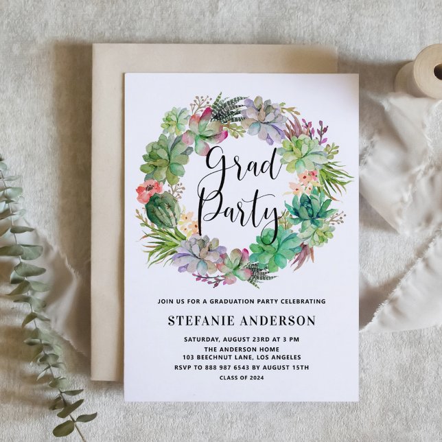 Boho Watercolor Succules Wandeand Studentfest Inbjudningar (Customizable boho graduation invitation featuring watercolor cactus and succulents wreath. )
