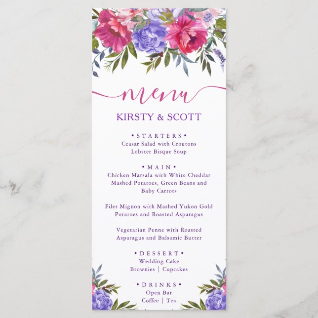 Boho Watercolor Summer Flowers Bröllop Menu Meny (Framsida)