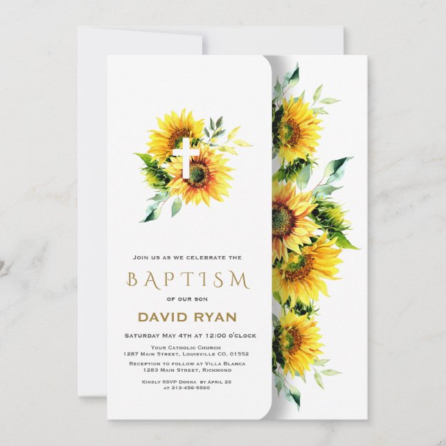 Boho Watercolor Sunblommblommor Kor Boy Baptism Inbjudningar (Framsida)