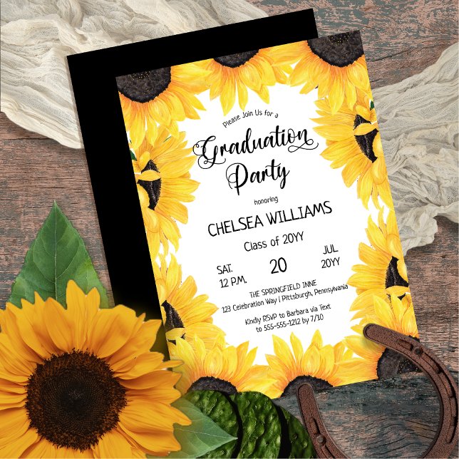 Boho Watercolor SunblommStudentfest Invita Inbjudningar (Boho Watercolor Sunflowers Graduation Party Invitation -- Print and/or Digital Download)