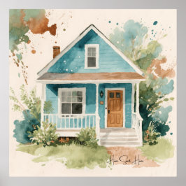 Boho Watercolor Tealblå Hus Poster