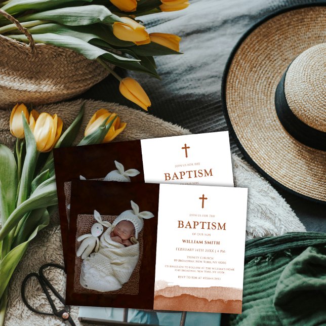 Boho Watercolor Terracotta Desert Photo Baptism Inbjudningar (Boho Watercolor Terracotta Desert Photo Baptism Invitation)