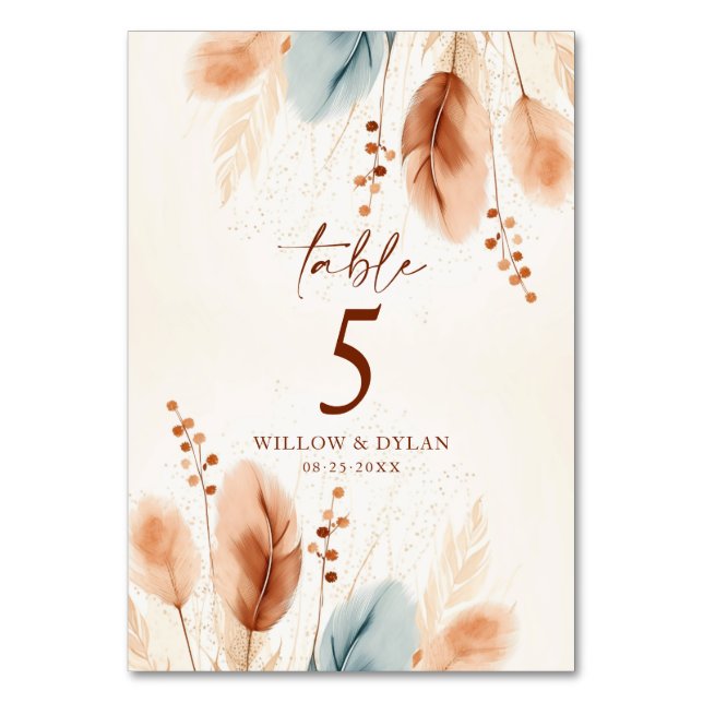 Boho Watercolor Terracotta Pampas Grass Beige Blue Bordsnummer (Framsidan)