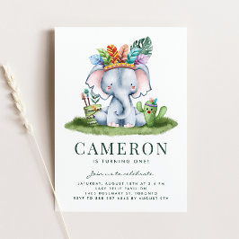 Boho Watercolor Tribal Elephant First Birthday Inbjudningar